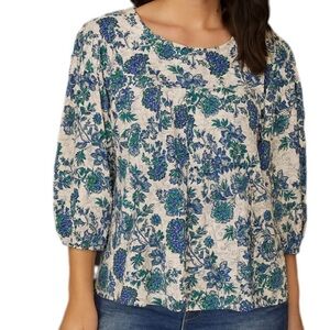 LOFT Cream & Blue Green Floral Garden Party Cotton Blouse | Size Large- EUC